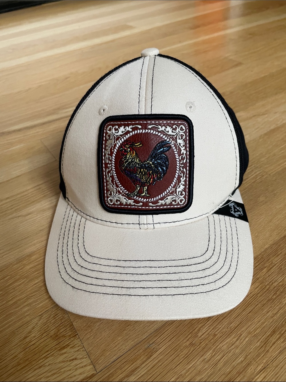 Top Level, Cream and Black Trucker Cap with Embroidered Rooster Patch